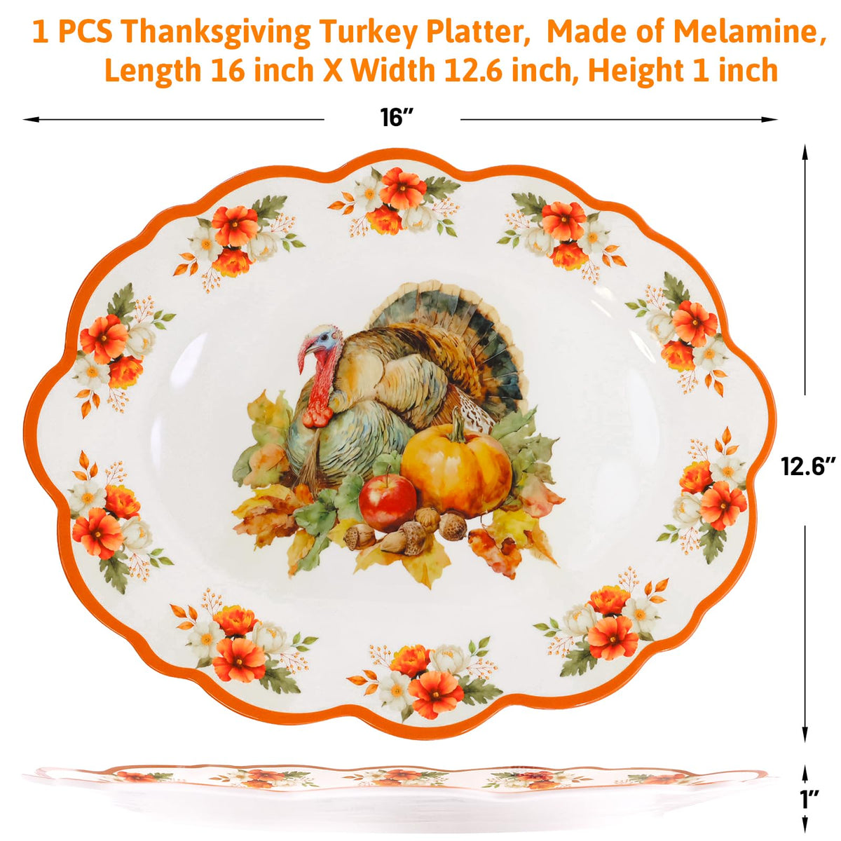 Ceiba Tree Turkey Serving Platter, Melamine, 16 x 12.6 Inch, Thanksgiving