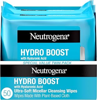 Neutrogena Hydro Boost Ultra-Soft Micellar Cleansing Wipes with Hyaluronic Acid, Hydrating Makeup Remover Wipes Remove Dirt & Waterproof Makeup, Hypoallergenic, Plant-Based Cloth, 2 x 25 ct