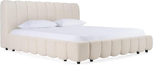 Harris Modern Off-White Upholstered Eastern King Bed, 100% Polyester Fabric, Solid Poplar and Manufactured Wood Frame, 90x97x43 Inches, Metal Slats Included
