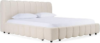 Harris Modern Off-White Upholstered Eastern King Bed, 100% Polyester Fabric, Solid Poplar and Manufactured Wood Frame, 90x97x43 Inches, Metal Slats Included