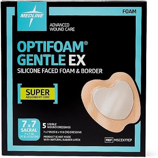 Medline Optifoam Gentle EX Bordered Foam Adhesive Dressing, 7" x 7" Sacral (5 Count)