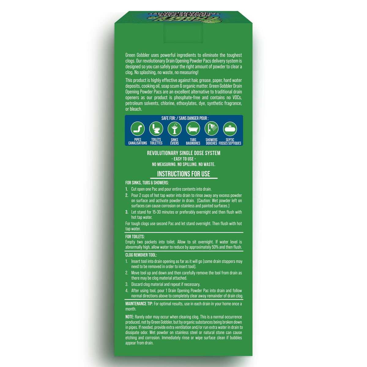 Drain Clog Remover & Drain Cleaner Powder (5 Pacs & 5 Tools) by Green Gobbler – 5 Count (Pack of 1), Pack of 2, Model G8063