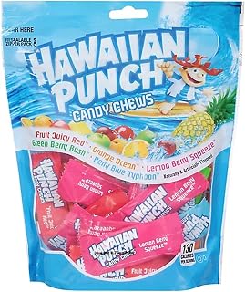Adams & Brooks Hawaiian Punch Candy Chews (Lemon Berry Squeeze, Fruit Juicy Red, Blue Typhoon, Green Berry Rush, & Orange Ocean), Standup Bag (8.75oz)- Individually Wrapped Chewy Candy for Party