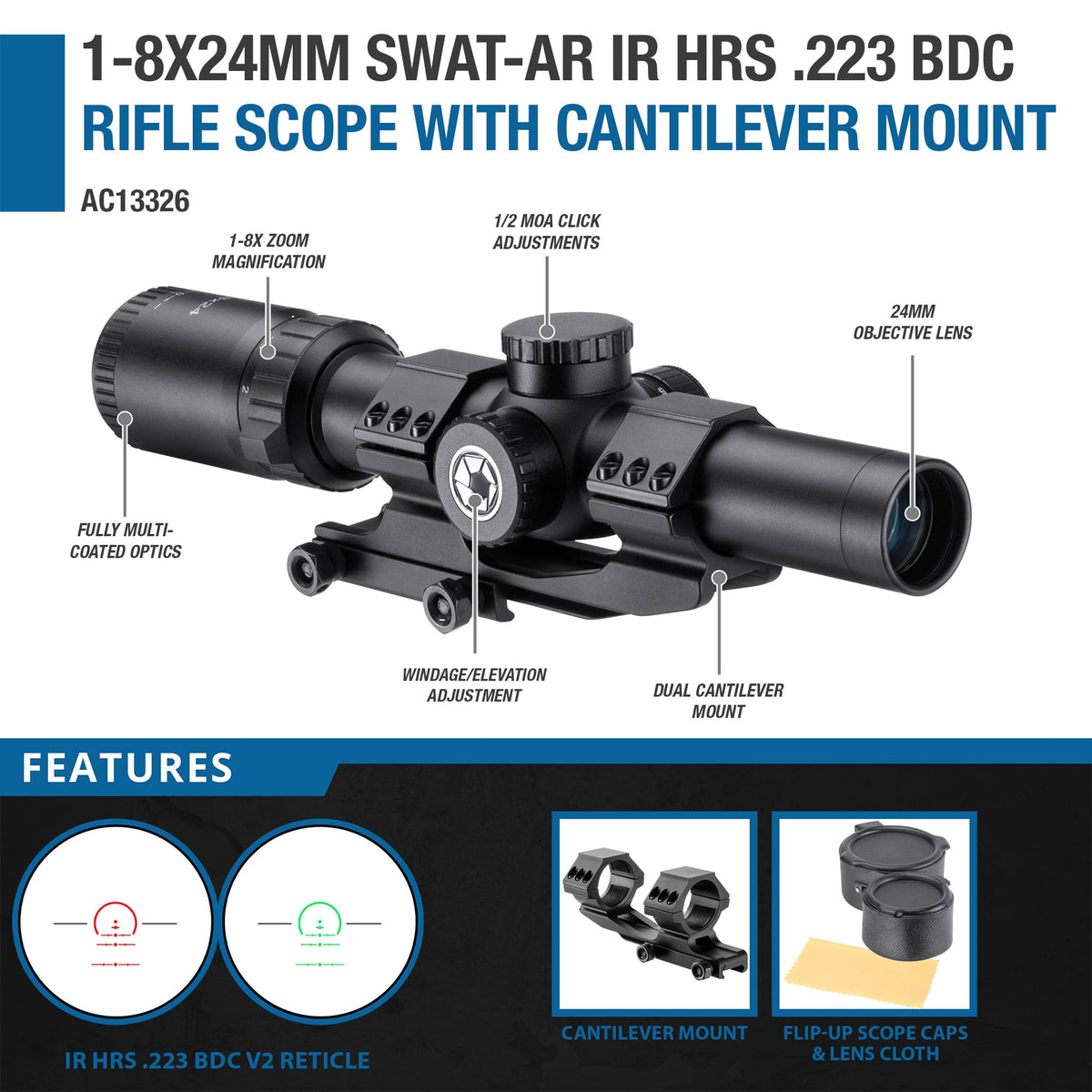 1-8x24 Rifle Scope with Red and Green Illuminated .223 BDC Reticle by Barska – One Size, Metal, Black, Model AC13326