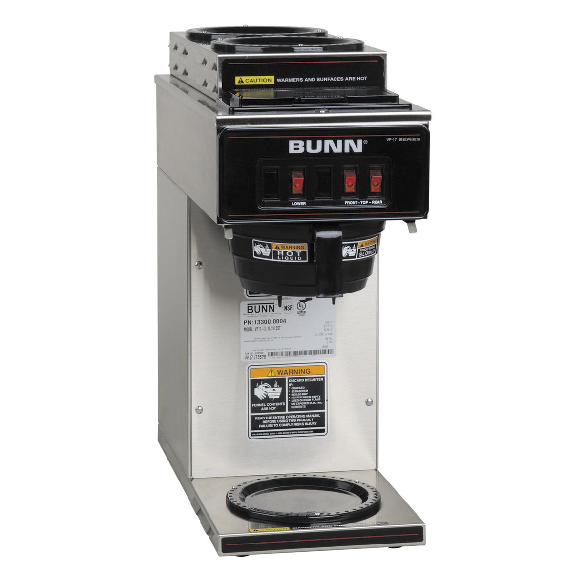 VP17-3SS2U Pourover Commercial Coffee Brewer with One Lower and Two Upper Warmers by Bunn – 12.00x22.00x25.50, 3.8 gallons, Stainless Steel, Silver, Model 13300.0004
