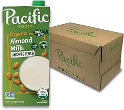 Pacific Foods Organic Unsweetened Almond Milk, Plant Based Milk, 32 oz Carton (12 Pack)