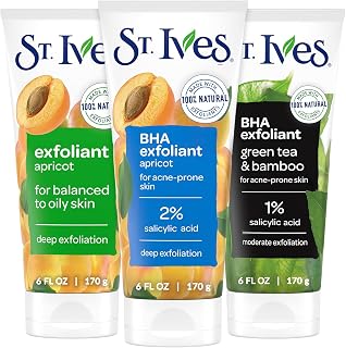 St. Ives Face Scrub, Exfoliant Variety 3-Pack, Fresh Skin & BHA Apricot Scrubs + Blackhead Clearing with Green Tea & Bamboo, 6 Oz Ea