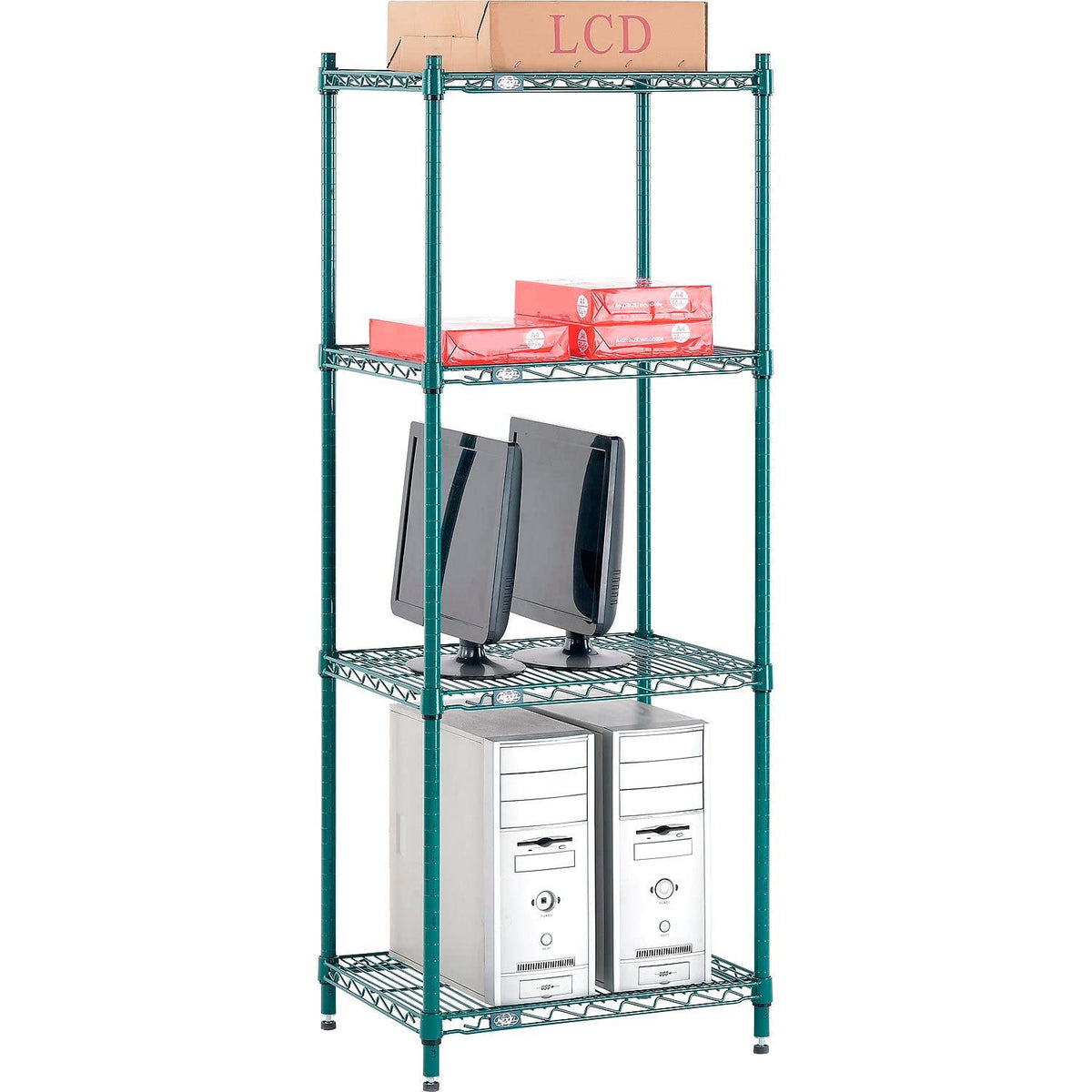 Poly-Green, 4 Tier, Wire Shelving Starter Unit, 24"W x 14"D x 63"H by Nexel – 4, Steel, Green, Model 14246G