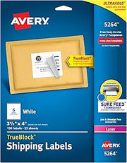 Avery Printable Shipping Labels with Sure Feed, 3-1/3" x 4", White, 150 Blank Mailing Labels (5264)