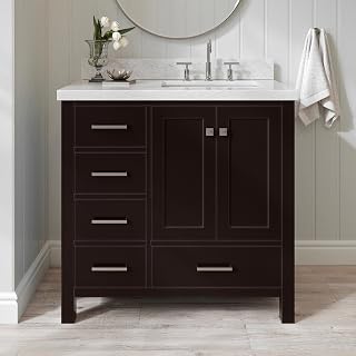 ARIEL Cambridge 36-inch Bathroom Vanity with Sink,Solid Wood, 1.5-inch Italian Carrara Marble Countertop, Single Rectangular Porcelain Sink, 2 Soft Closing Doors, 5 Dovetail Drawers, Espresso