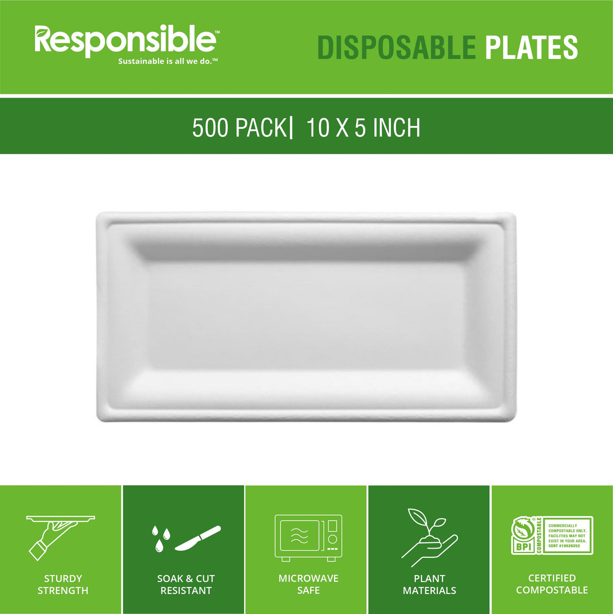 Responsible Products 10 x 5 Inch (500 count) / Classic White / Casual Plates