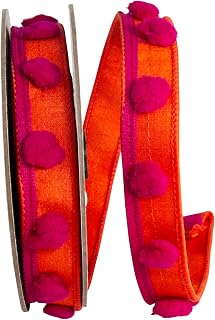 Reliant Ribbon Ribbon - Pom Pom Trim Dupioni Deluxe Wired Edge, Orange/Fuchsia, 1 Inch, 5 Yards