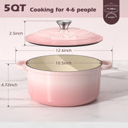 Umite Chef Enameled Cast Iron Dutch Oven, 5 Quart Capacity, Pink