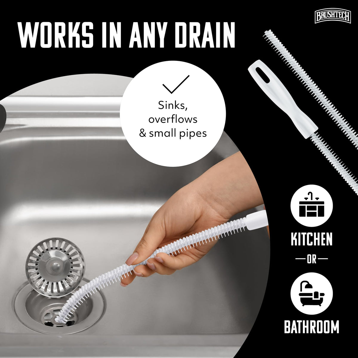 Sink Drain & Overflow Multi-Purpose Cleaning Brush - White by Brushtech – 1" H x 17.5" L x 0.5" W, Poly Bristles, White, Model B135C