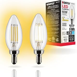 Satco Lighting 5.5 Watt B11 LED Clear Dimmable Light Bulbs - Candelabra Base - 90 CRI - 2700K - 120 Volts - 15,000 Hours Rated (2 Bulbs)