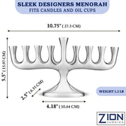 Zion Judaica Menorah with Candles, Polished Aluminum, Silver