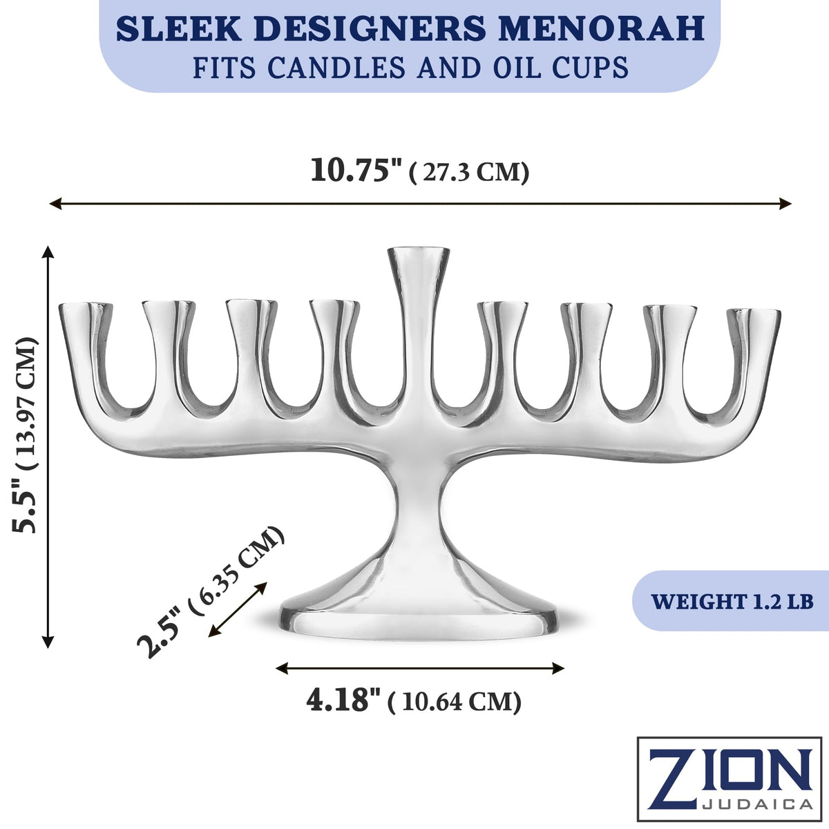 Zion Judaica Menorah with Candles, Polished Aluminum, Silver