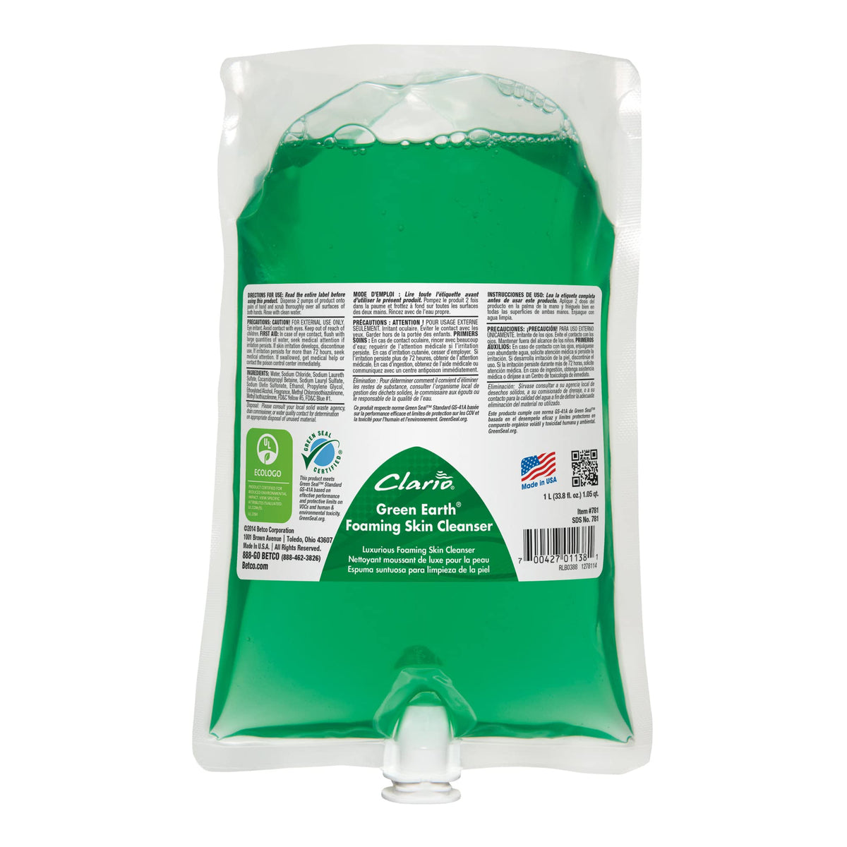 ® Green Earth Foam Skin Soap Cleanser by Betco – 1 Count (Pack of 6), Green, Pack of 6