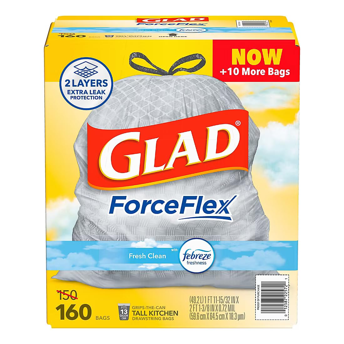 ForceFlex Tall Kitchen Drawstring Trash Bags - Fresh Clean with Febreze by Glad – 160 Count (Pack of 1), 13.0 gallons, Plastic, White, Model 012587225721