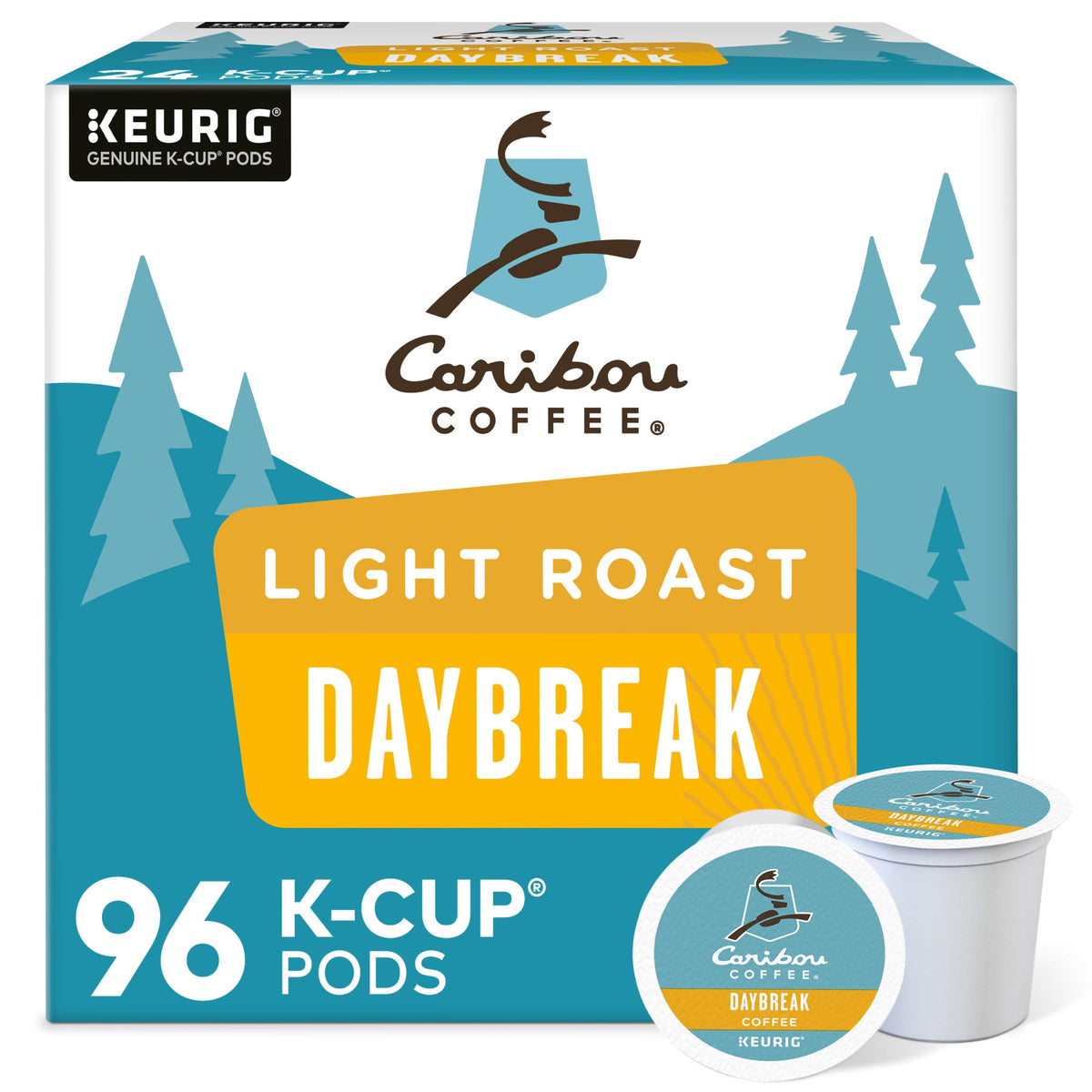 Caribou, Daybreak Morning Blend, Single-Serve Keurig K-Cup Pods, Light Roast Coffee, 96 Count (4 Boxes of 24 Pods) by Caribou Coffee – 1 Count (Pack of 96), Model 5000203112-96