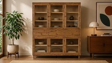Crafters and Weavers 76" Rustic Modern Pine Wood Sideboard Cabinet in Brown