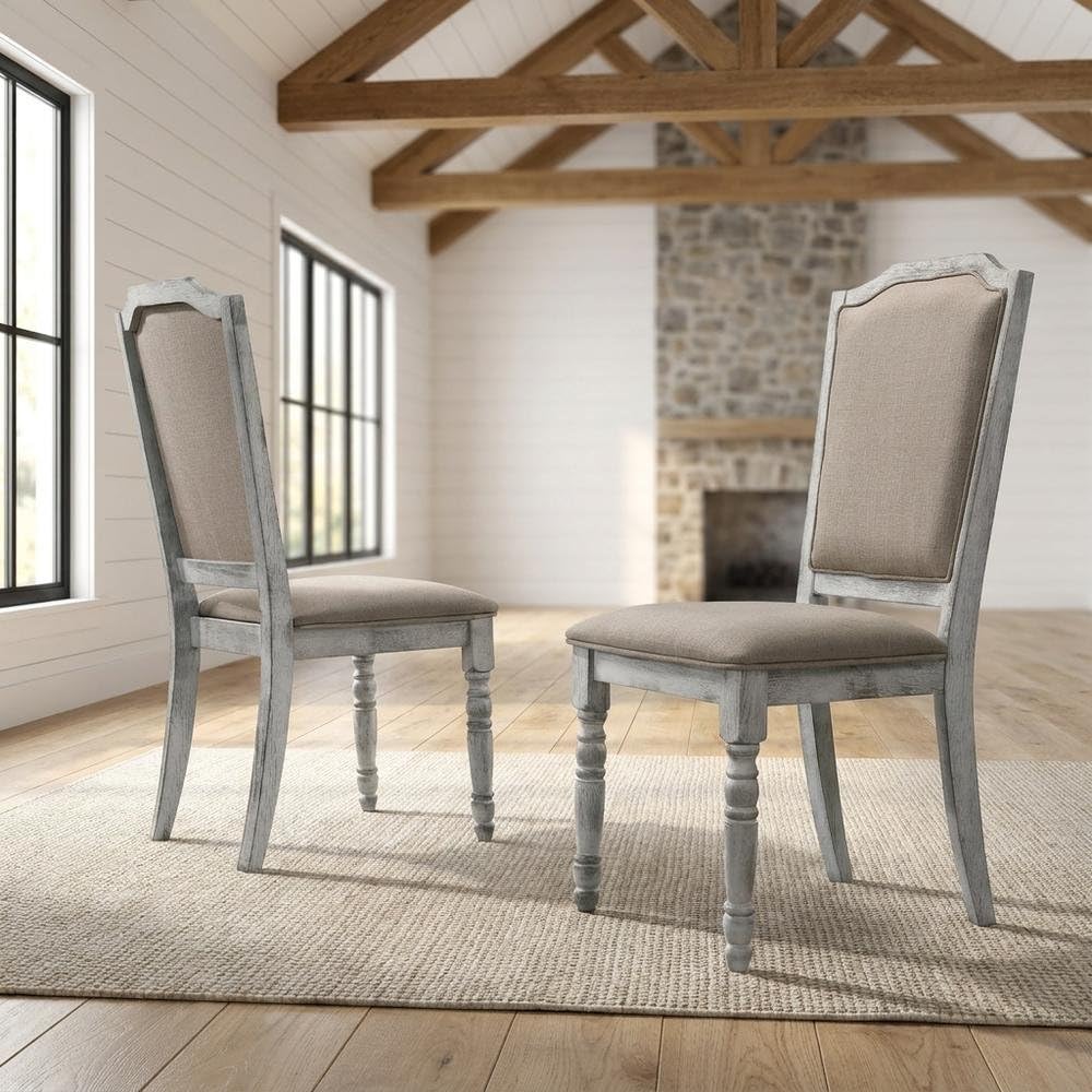 Upholstered Wood Dining Chairs Set of 2 with Turned Legs by Furnifact – Wood, Beige, Pack of 2
