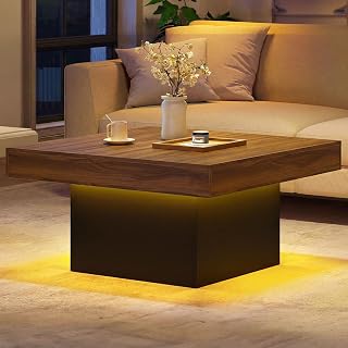 GIANTEX LED Coffee Table, Square Center Table, Brown | Remote, 21 Dynamic Modes, 20 Static Colors, Adjustable Brightness, Speed, Wood Cocktail Table, Modern Living Room Table