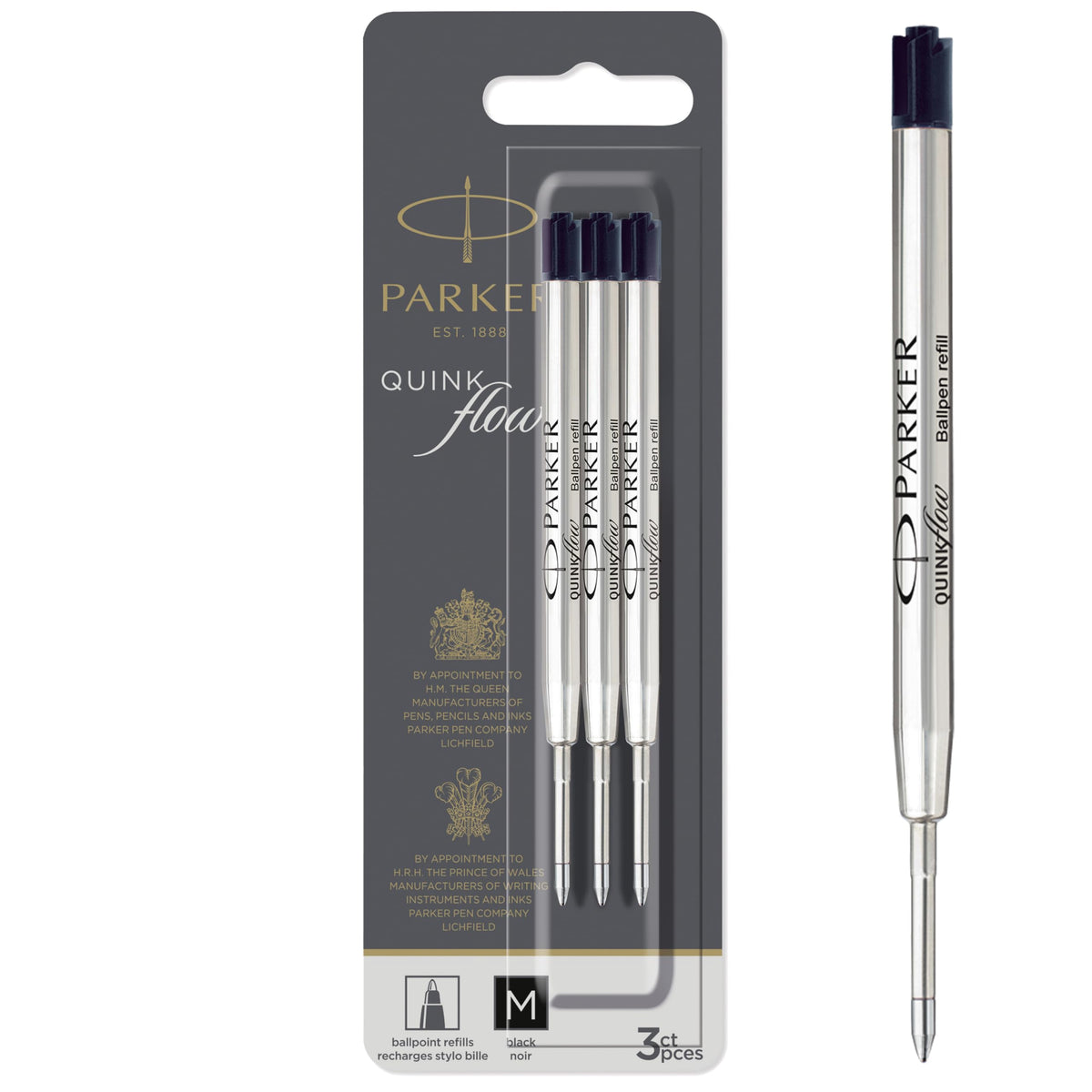 QUINKflow Ballpoint Pen Ink Refills by Parker – 3 Count, Black, Pack of 3, Model 2119151