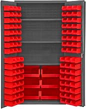 Durham 3501-BDLP-102-3S-1795 Lockable Cabinet with 102 Red Hook-On Bins, 3 Adjustable Shelves, Flush Door Style, 36" Wide, 14 Gauge, Gray