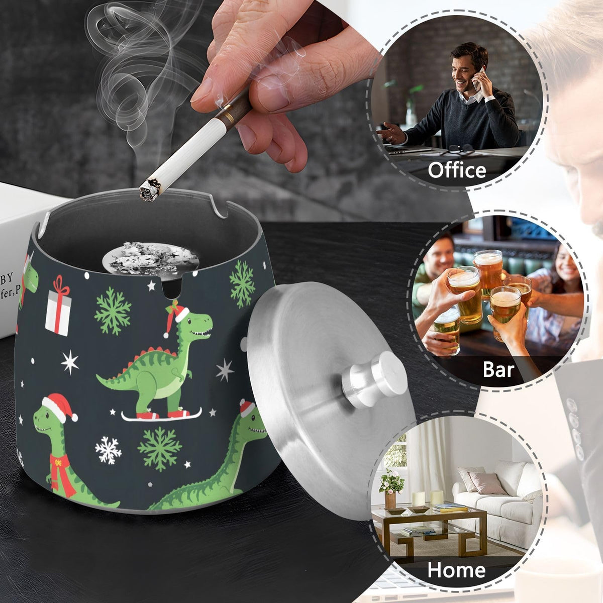 Christmas Dinosaur Pattern Splash Ashtray with Lid by ALAZA – Stainless Steel, C1180, Model g541129097p1082c1149s2657