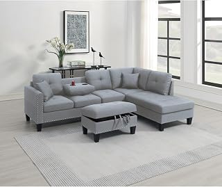 Living Room Furniture 3-PCS Sectional Sofa Set with Chaise and Storage Ottoman - Taupe Grey Linen-Like Fabric