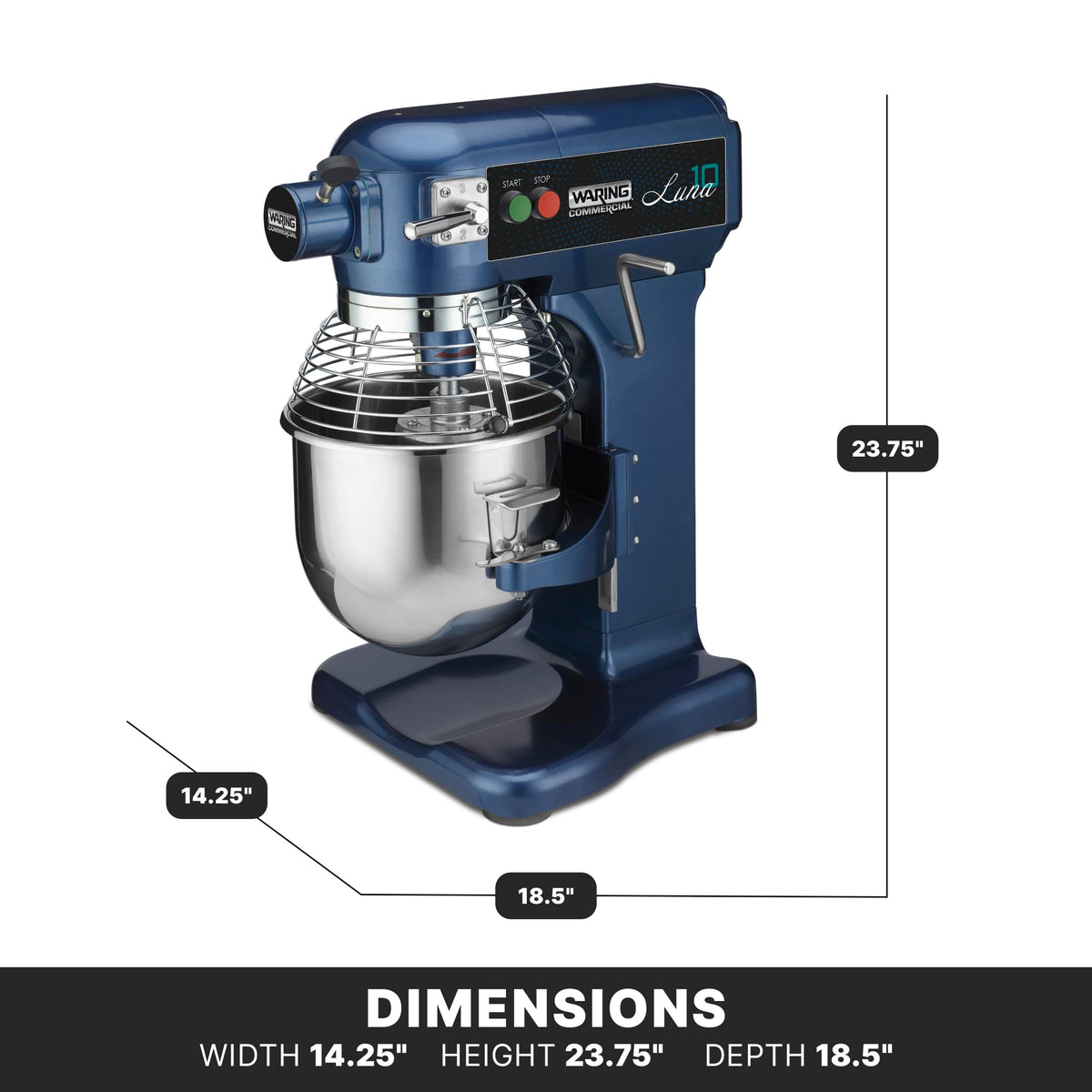 Commercial Luna 10 - 10- Quart Planetary Mixer by Waring – 10 Quart - 3/4 Horsepower, 10.0 quarts, Stainless Steel, Blue, Model WSM10L