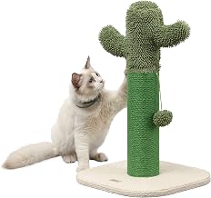CTR1000A Pecos 21" Modern Jute Cactus Cat Scratching Post with Fuzzy Toy, Green/White