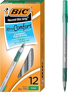BIC Round Stic Grip Xtra-Comfort Medium Ball Point Pen, Green, 12-Pack