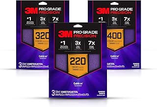 3M Pro Grade Precision Faster Sanding Sheets, NO-Slip Grip Backing, Assorted Grits 220/320/400, 9" x 11", 3 Sheets Each, 9 Total