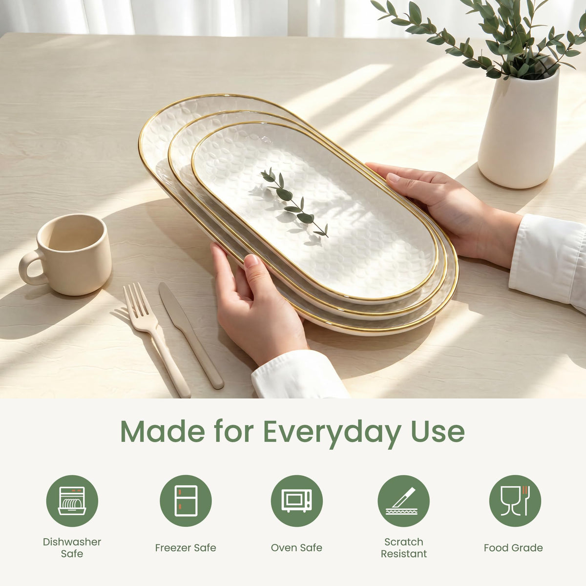 Kassel Ceramic Oval Serving Platter Set, 16 14 12 Inch, White with Gold Rim