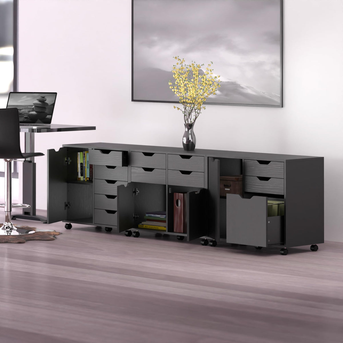 Winsome Black / 4 Doors, 12 Drawers, File Drawer / Transitional Home Office Cabinets