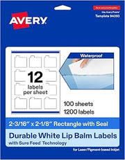 Avery Printable Lip Balm Labels, 2-3/16" x 2-1/8", Durable White Film, Sure Feed Technology, Print-to-The-Edge Capability, Laser/Pigment-Based Inkjet Printer Compatible, 1200 Total