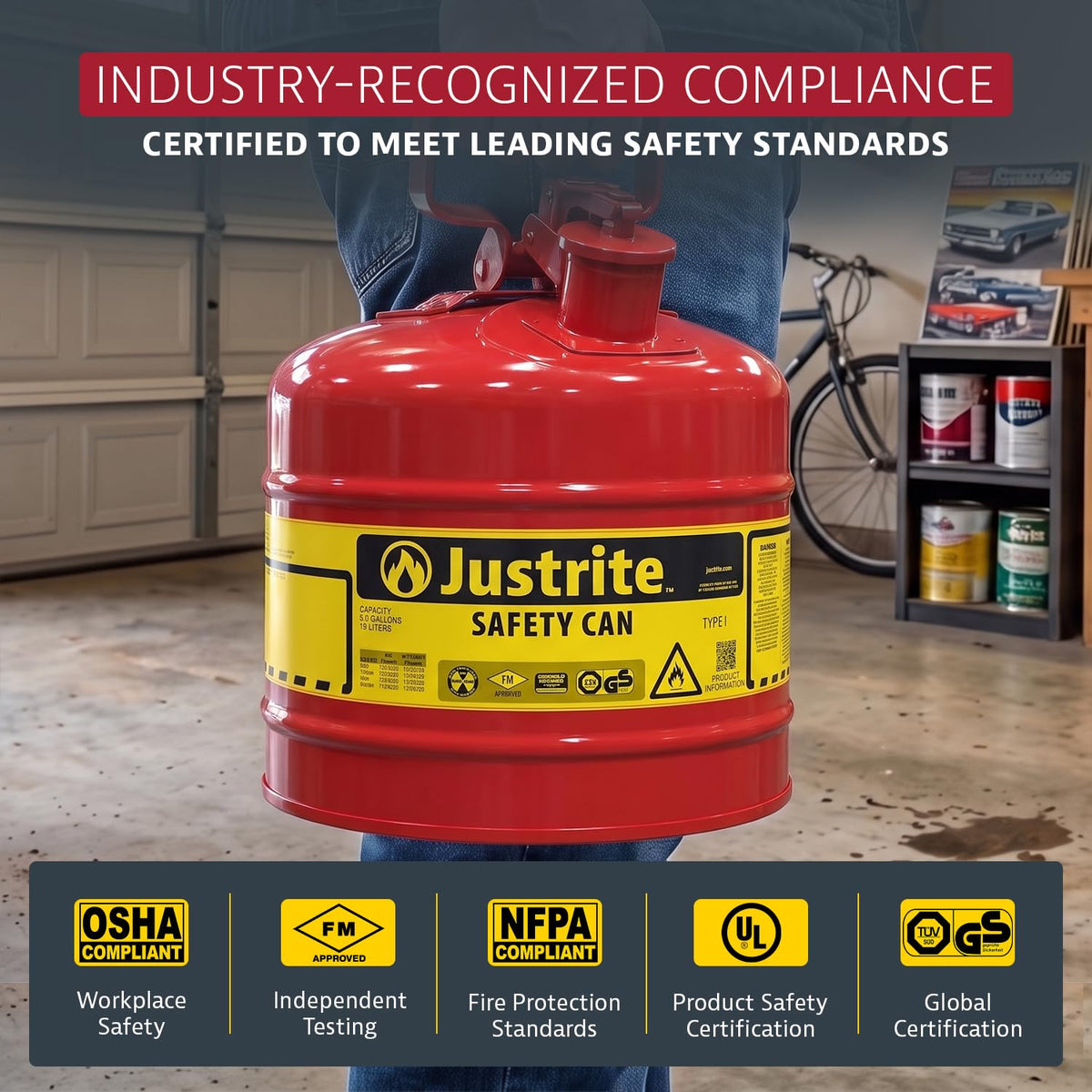 Justrite Red / 5 Gallon / Type I Cans