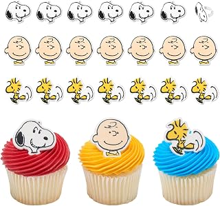 DecoPac Peanuts® Cupcake Rings, 24 Peanuts® Snoopy®, Charlie Brown, Woodstock® Cupcake Decorations, Food Safe Cake Toppers – 24 Pack
