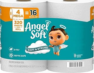 Angel Soft Toilet Paper, 4 Mega Rolls = 16 Regular Rolls, Soft and Strong Toilet Tissue