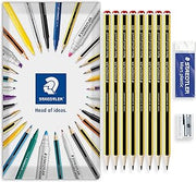 STAEDTLER 121 Noris School Pencil + Mars Plastic Eraser + Metal Single-Hole Sharpener | Essential Pack of 8 Grade HB Pencils in Envelope Gift Packaging | Ideal for Back to School