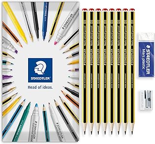 STAEDTLER 121 Noris School Pencil + Mars Plastic Eraser + Metal Single-Hole Sharpener | Essential Pack of 8 Grade HB Pencils in Envelope Gift Packaging | Ideal for Back to School