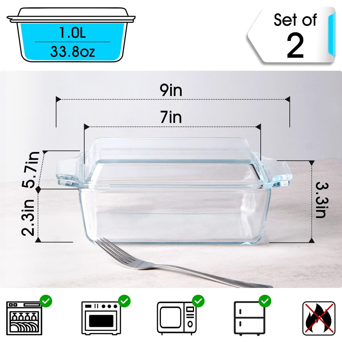 Nutriups Glass Casserole Dish Set, Tempered Glass, Rectangular 5.7in x 7in