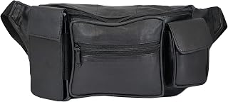 Lambskin Leather Large Waist Bag Multi Function 4 Pocket Fanny Pack for Outdoor Use and Travel With Bottle Holder (Black)