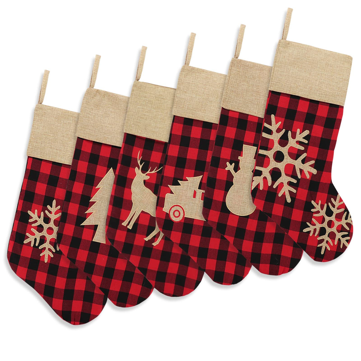 Bunny Chorus Christmas Stockings, 18 Inch Red Black Buffalo Plaid, Set of 6