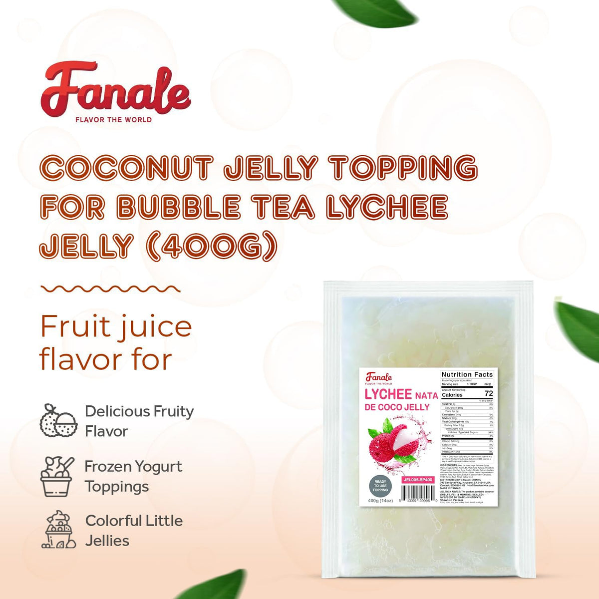 Coconut Jelly Topping nata de coco for Bubble Tea 400 g | Lychee Jelly | for Boba Tea by Fanale – 400g (Pack of 35)