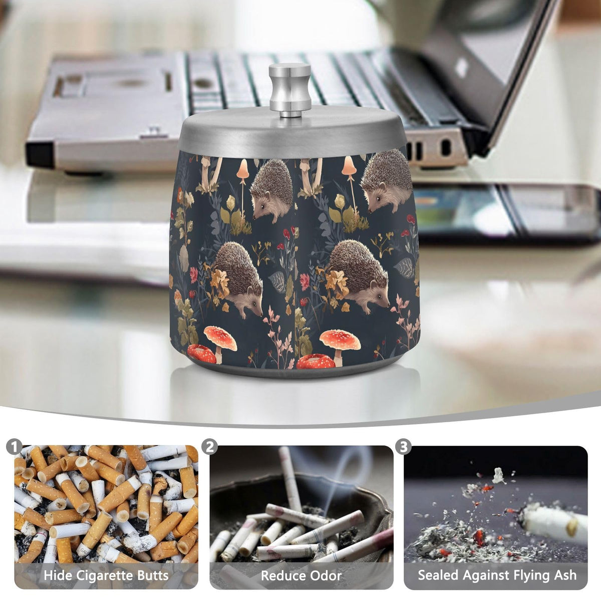 Hedgehog Mushroom Pattern Splash Ashtray with Lid by ALAZA – Stainless Steel, C3763, Model g541058216p1082c1149s2657