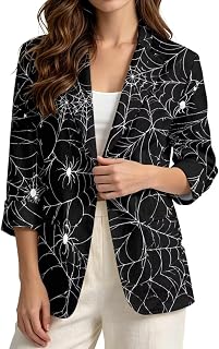 Women's Halloween Blazer 3/4 Sleeve One Button Lightweight Linen Like Suit Jacket with Pocket