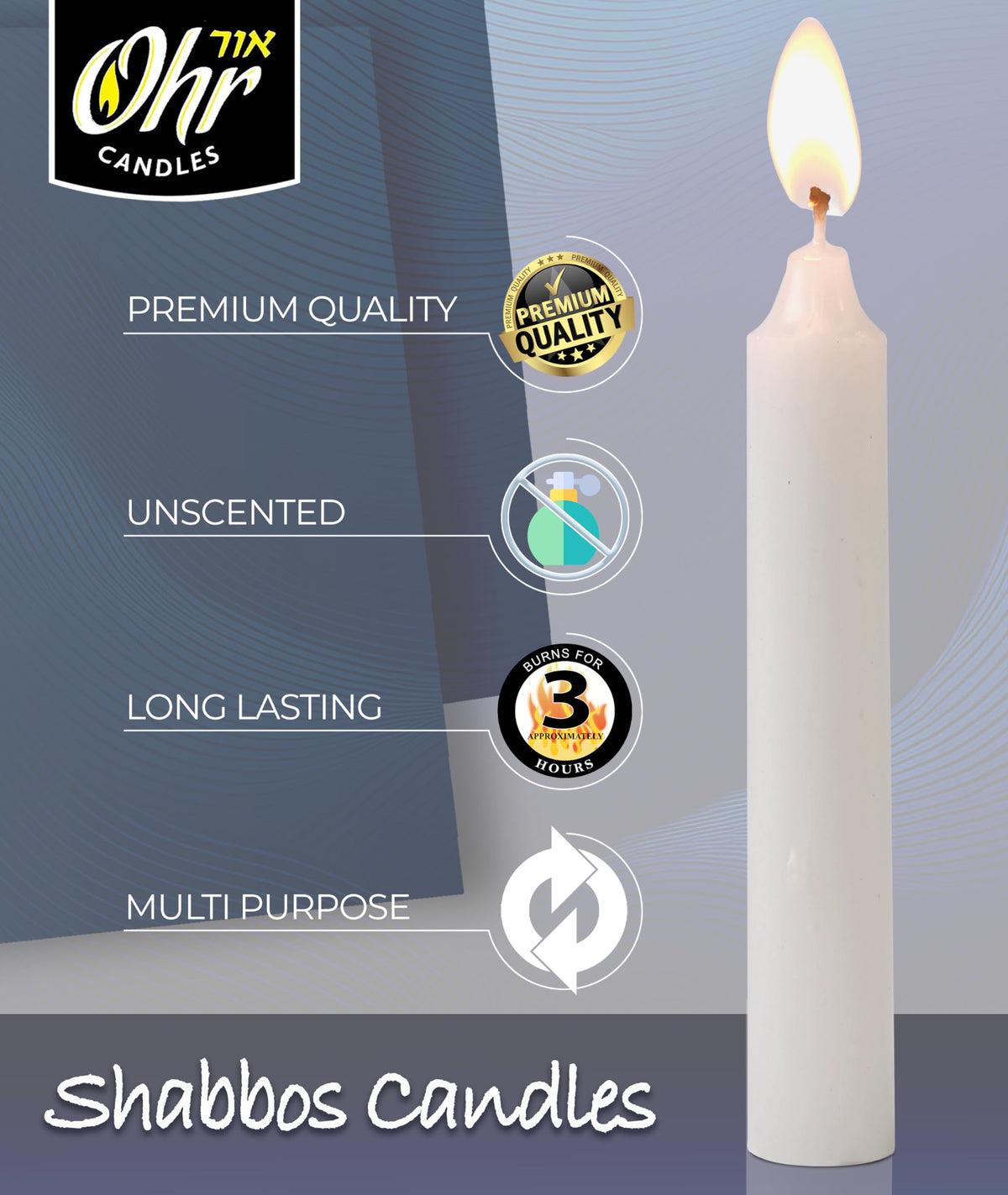 Ohr Candles Shabbat Tapers, 3 Hour Burn, White, 144 Count